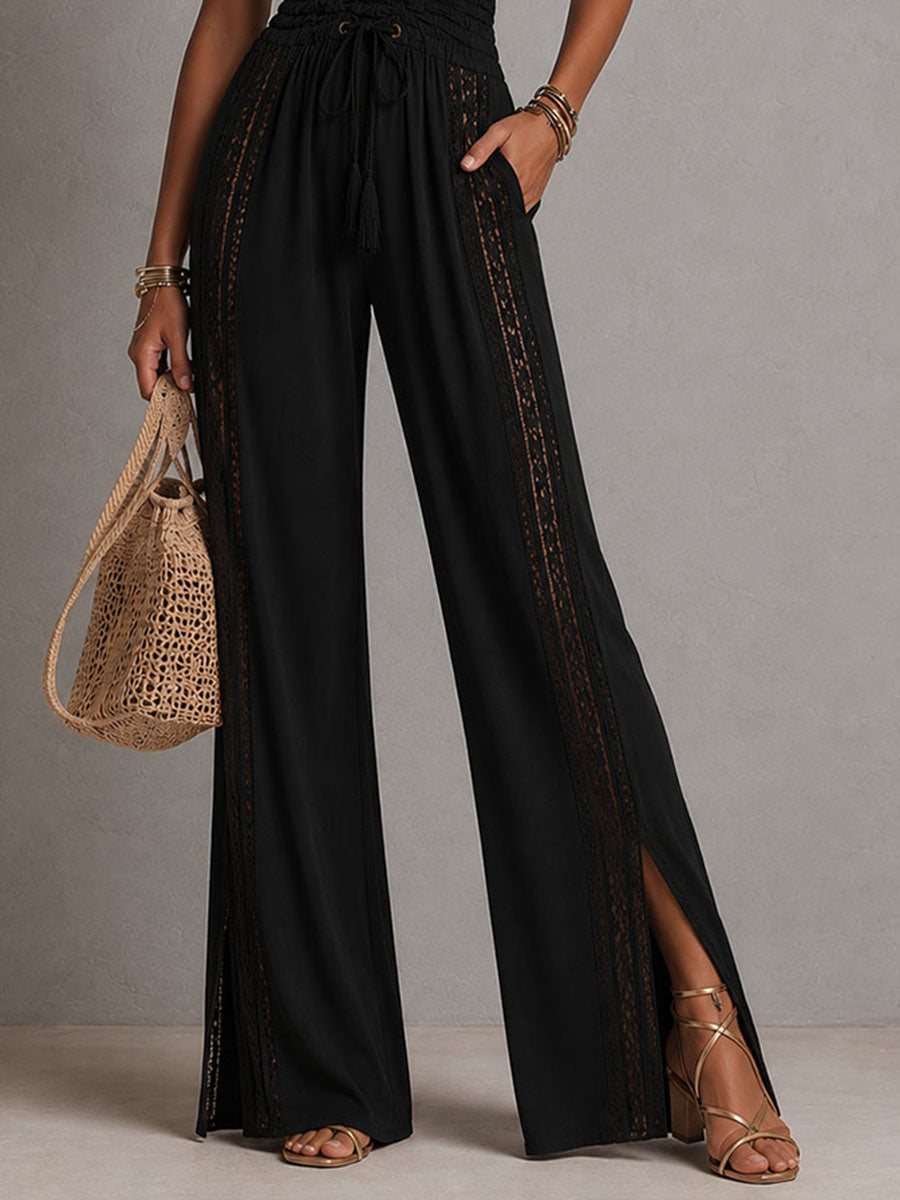Mono Boho Elegante con Panel de Encaje, Cintura Fruncida y Pierna Ancha